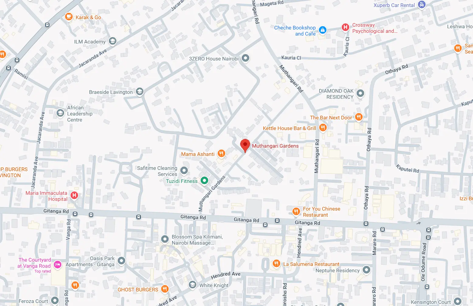 Street map showing Wrap Center The Transformers location at Muthangari Gardens, Lavington, Nairobi